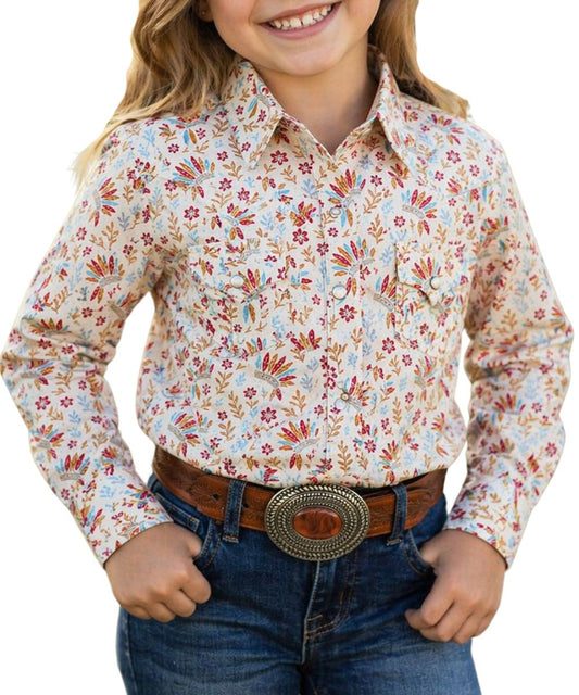Girl's Long Sleeve Western Snap Shirt Featuring A Floral Headdress Geometric Print On A Cream Shirt
