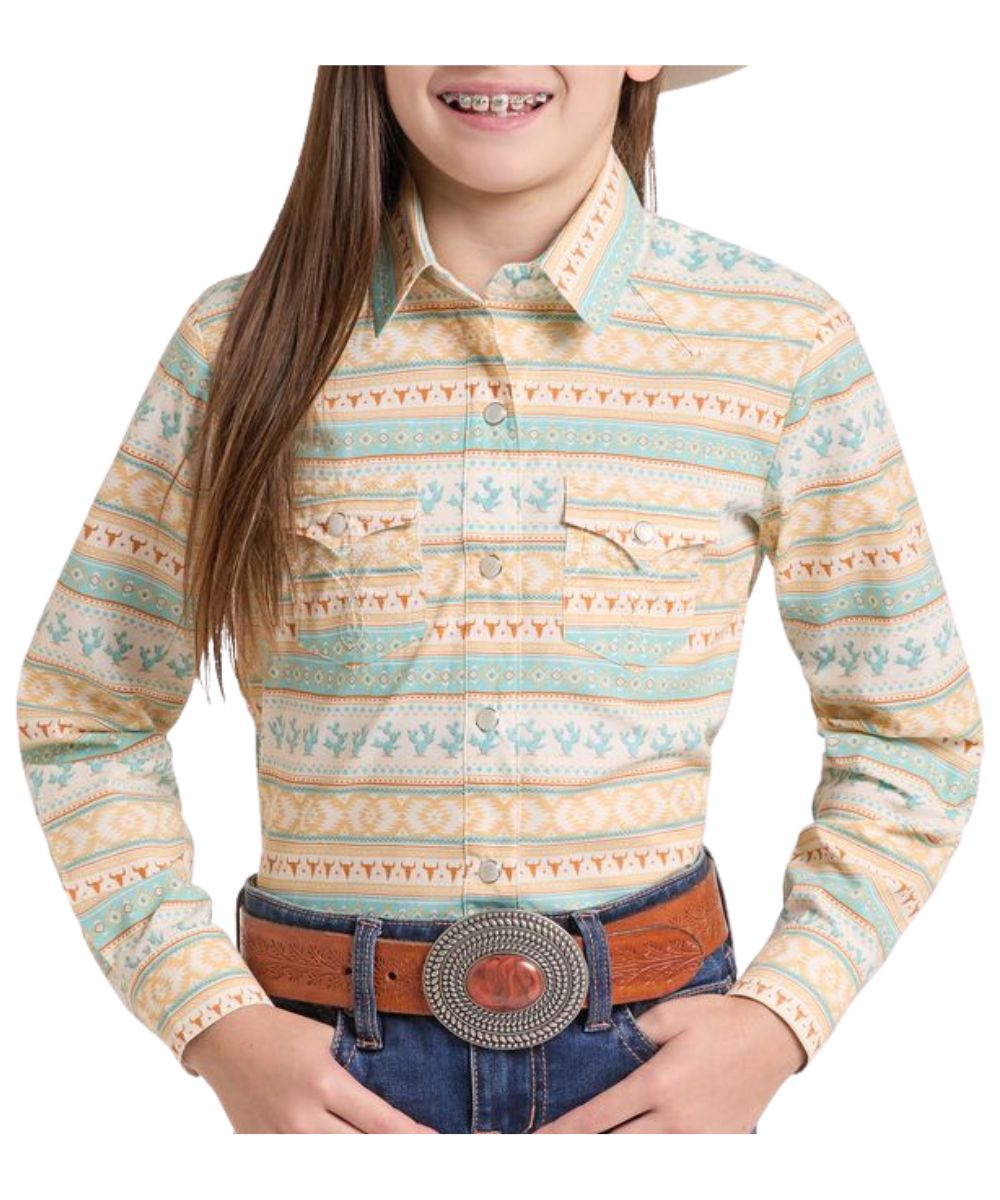 Front view of the girl's light turquoise Panhandle Slim long sleeve snap shirt featuring the spread collar, snap flap chest pockets, western yokes, and the horizontal cactus aztec stripe pattern