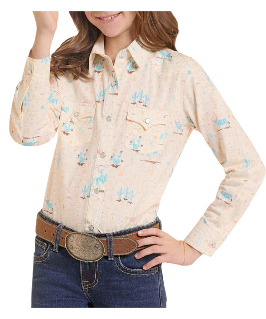 Front view of the girl's ecru Panhandle Slim long sleeve snap shirt featuring the spread collar, snap flap chest pockets, western yokes, and the geometric crosshatch landscape print