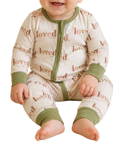 Boy's Long Sleeve Romper Featuring A Geometric Print That Reads: "Loved John 3:16"