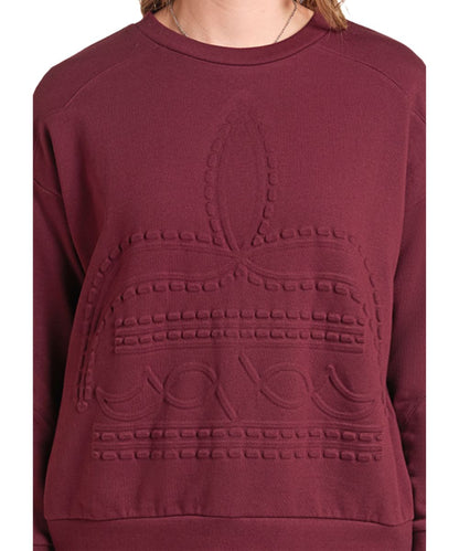 Close-up view of the women's wine sweater featuring the boot stitch design