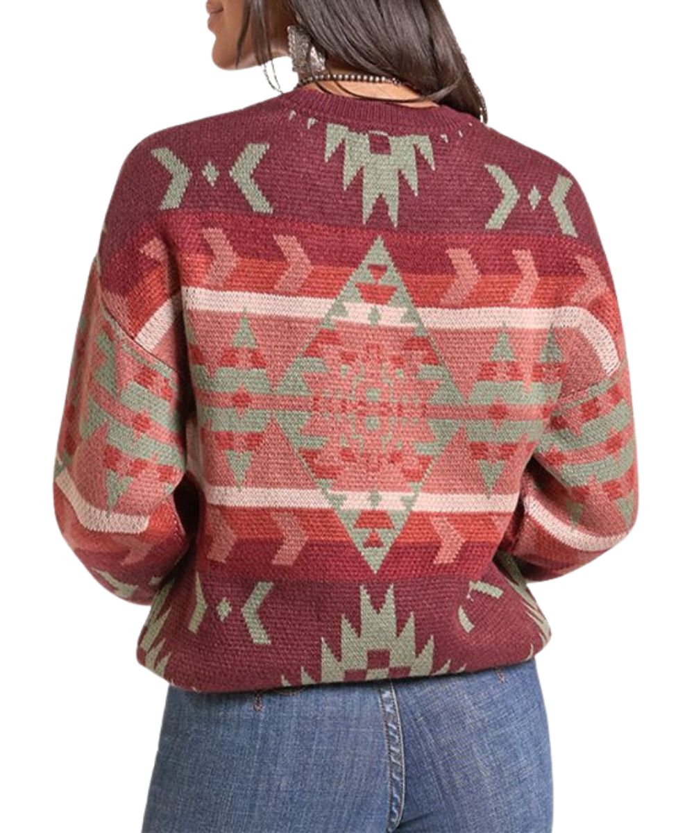 Back view of the women's wine long sleeve sweater featuring the aztec print and rib knit trim