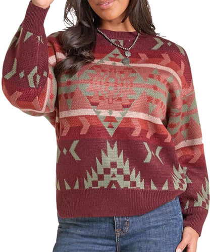 Front view of the women's wine Rock & Roll Cowgirl aztec print sweater featuring the long sleeves and dropped shoulders