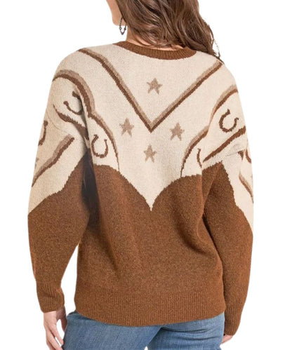 Back view of the women's brown sweater featuring the cream color-blocked upper body/sleeves with stars and horseshoe motifs and the rib knit trim