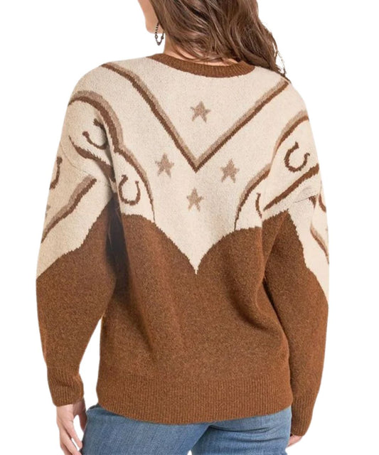 Back view of the women's brown sweater featuring the cream color-blocked upper body/sleeves with stars and horseshoe motifs and the rib knit trim