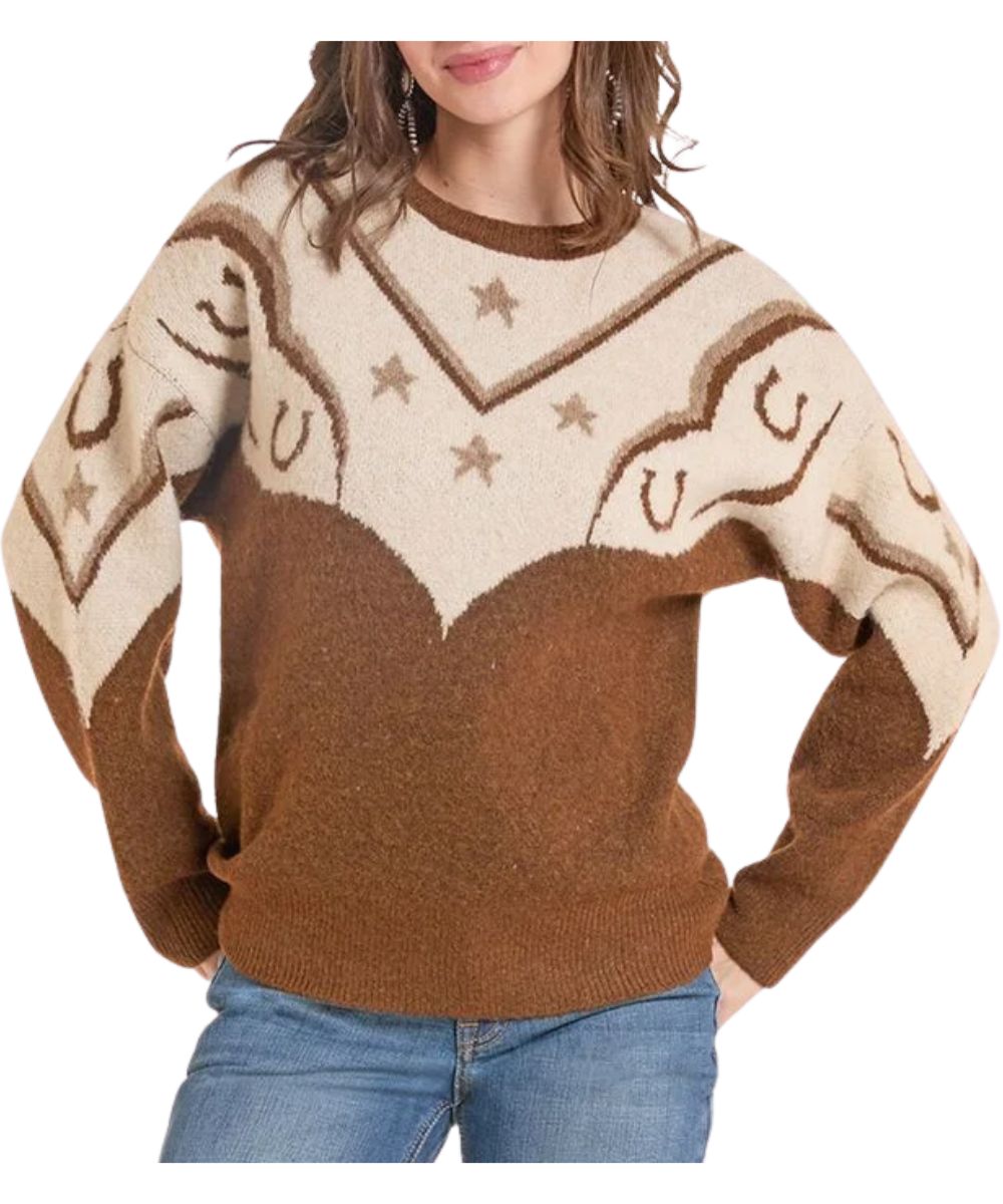 Front view of the women's brown Panhandle Sweater featuring the long sleeves, crew neck, dropped shoulders, cream color-blocked upper body and sleeves, and the horseshoe swirl printed design