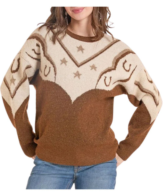 Front view of the women's brown Panhandle Sweater featuring the long sleeves, crew neck, dropped shoulders, cream color-blocked upper body and sleeves, and the horseshoe swirl printed design
