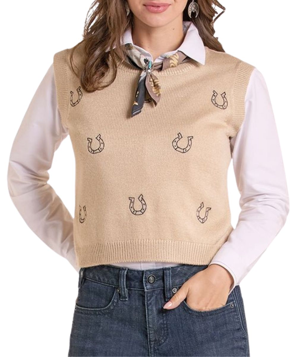 Front view of the women's Panhandle Slim natural sleeveless sweater vest featuring the embroidered horseshoe front design