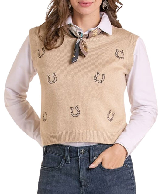Front view of the women's Panhandle Slim natural sleeveless sweater vest featuring the embroidered horseshoe front design