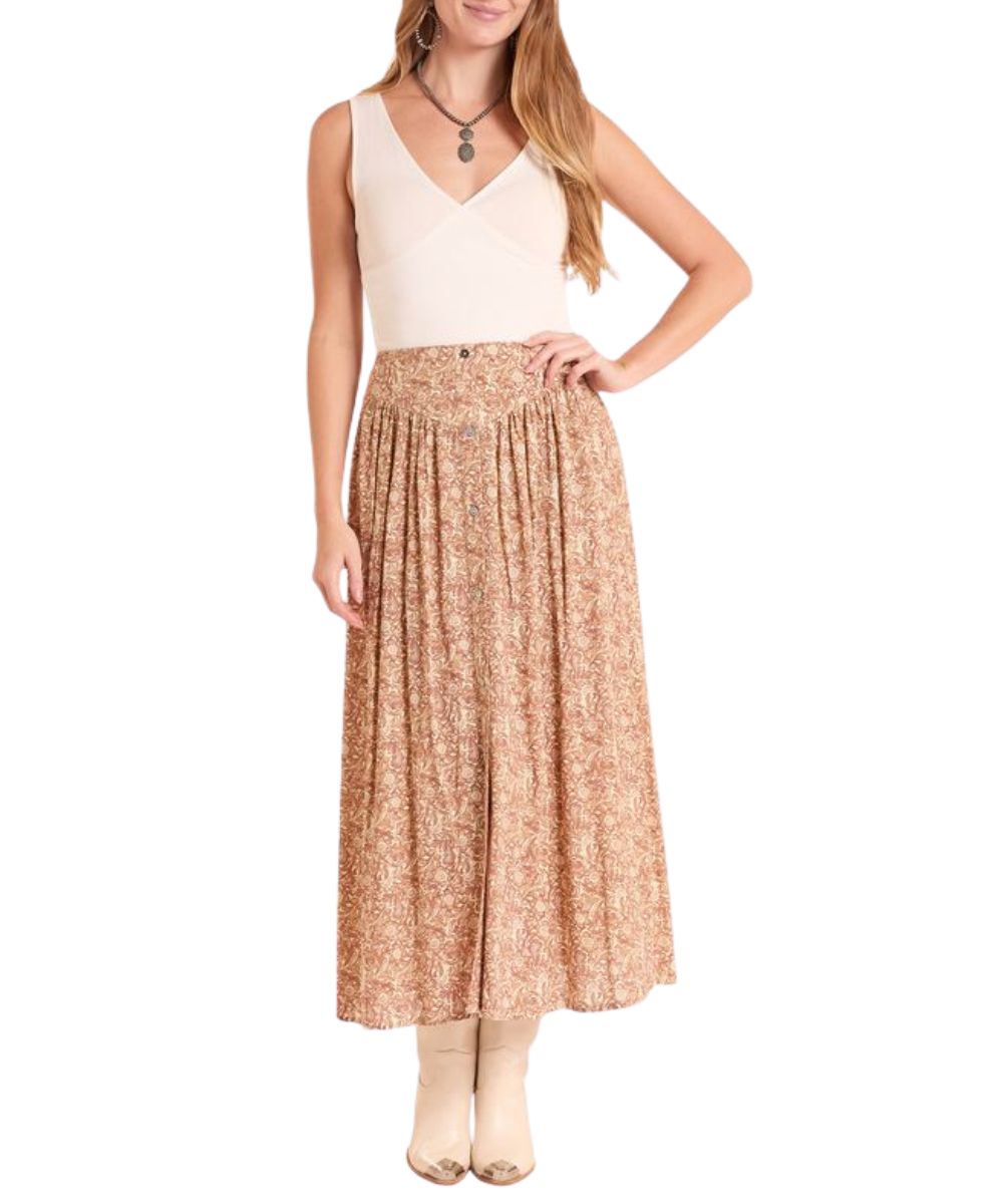 Front view of the women's tan tooled print challis maxi skirt 