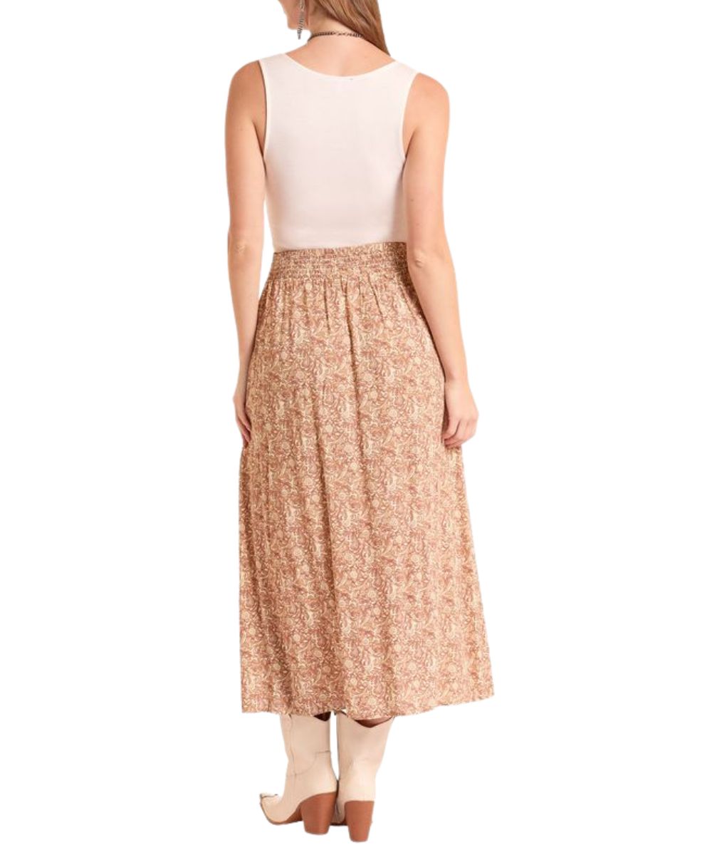 Back view of the women's tan tooled print challis maxi skirt featuring a smocked back waist