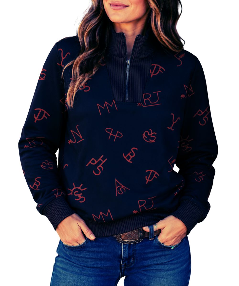 Front view of the women's long sleeve black pullover featuring the mock collar, 1/4 zip closure, and geometric ranch brand print