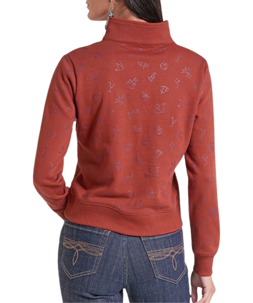 Back view of the women's rose/mauve long sleeve pullover featuring the ranch brand geometric print