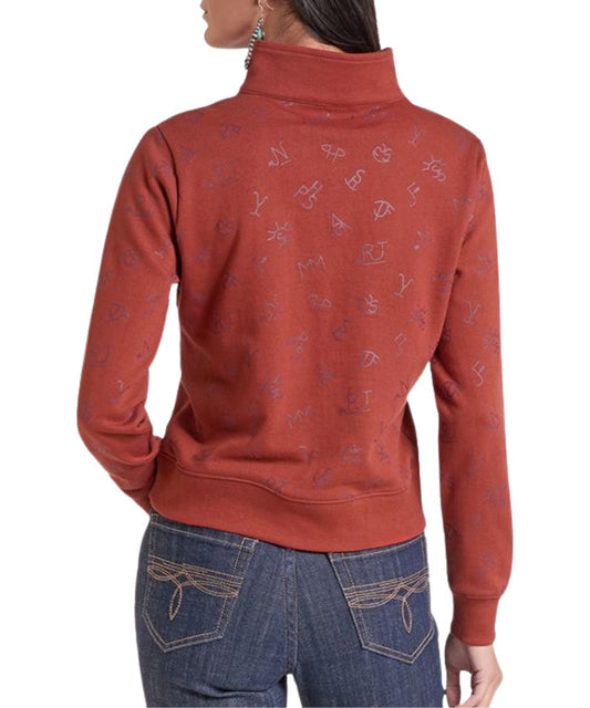 Back view of the women's rose/mauve long sleeve pullover featuring the ranch brand geometric print