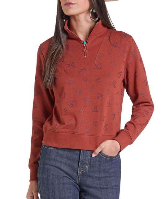 Front view of the women's long sleeve rose/mauve pullover featuring the mock collar, 1/4 zip closure, and geometric ranch brand print