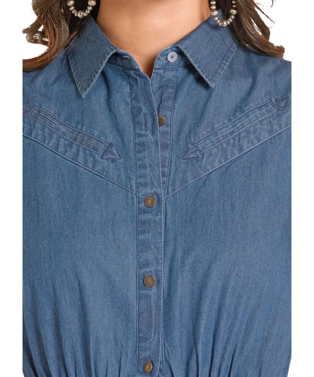 Collared denim dress with faux smile chest pockets.