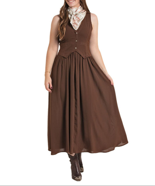 Front view of the women's Panhandle Slim sleeveless chocolate brown vest dress featuring the faux buttons on the vest styled upper and the flowy maxi skirt