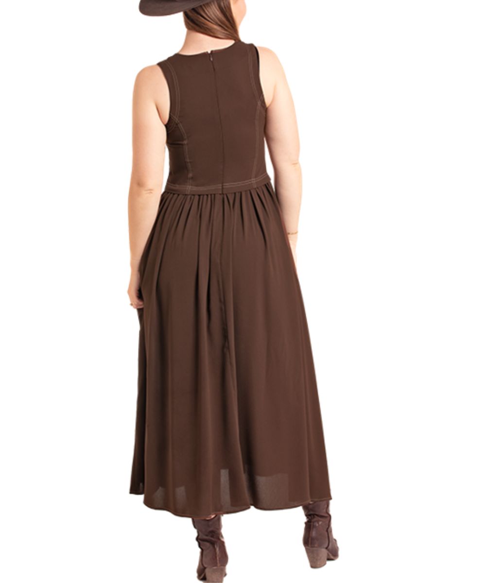A woman shown from the back wearing a sleeveless brown maxi dress with a gathered waist and a dark brown hat, against a plain white background.