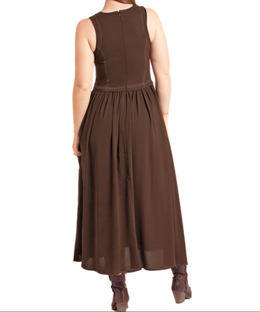 Back view of the women's chocolate brown vest styled dress featuring zipper back closure