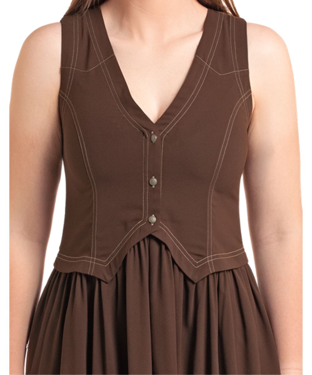 A sleeveless brown dress with a structured corset-style bodice, V-neckline, button front, and gathered skirt, shown on a model against a plain white background.