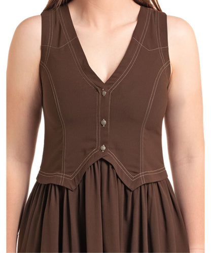 A sleeveless brown dress with a structured corset-style bodice, V-neckline, button front, and gathered skirt, shown on a model against a plain white background.