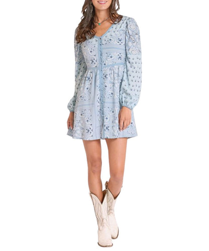 Front view of the women's cerulean long sleeve challis dress