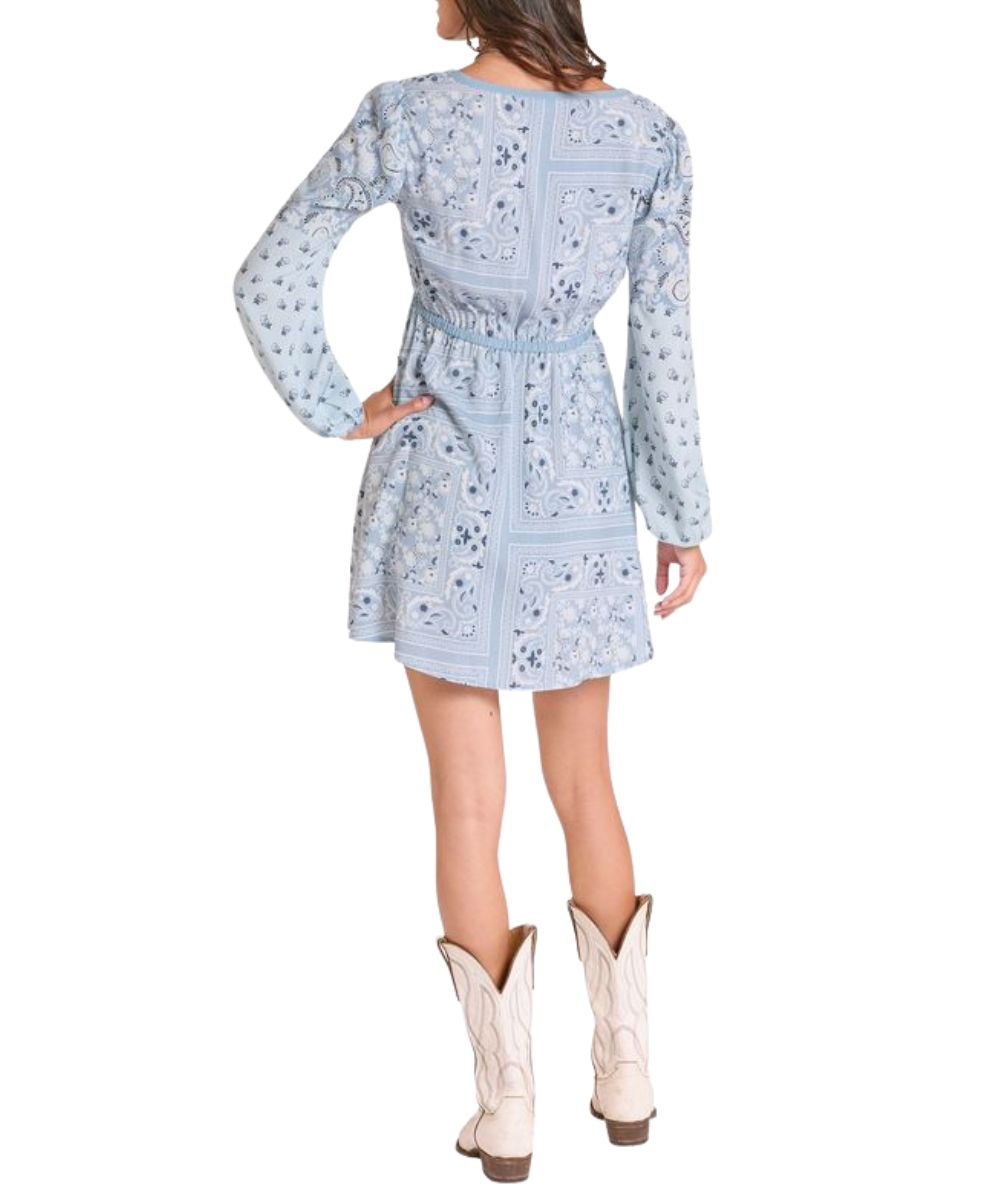 Back view of the women's cerulean long sleeve dress featuring an elastic waist and cuffs