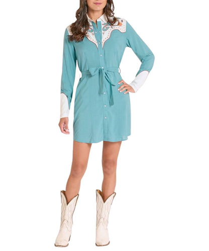 Front view of the women's stillwater retro challis dress featuring a spread collar, snap closure and cuffs, and western yokes