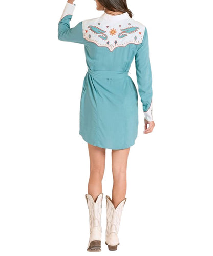 Back view of the women's long sleeve stillwater mini dress featuring a self-tie removable waist belt