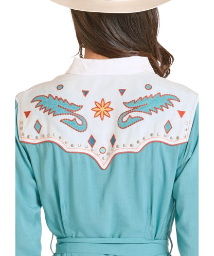 Close-up view of the back yoke and rayon fabric