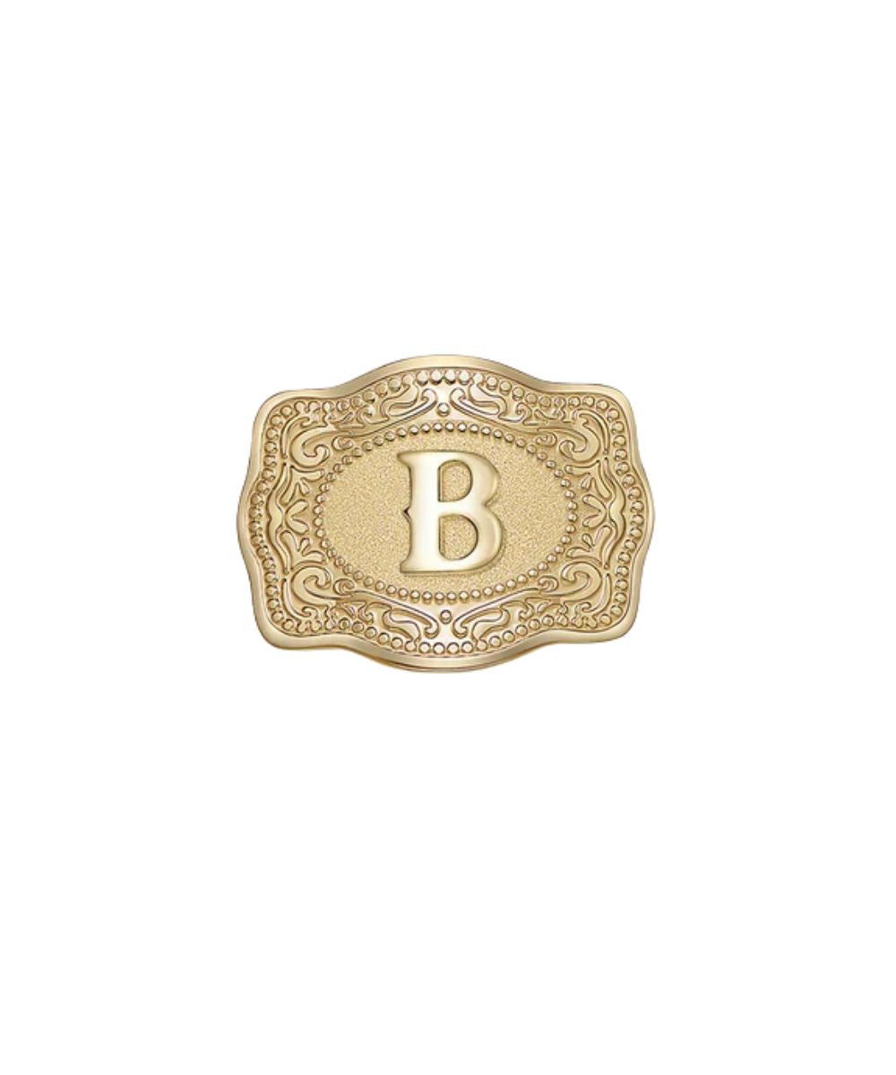 mini gold belt buckle b initial hatpin on white background
