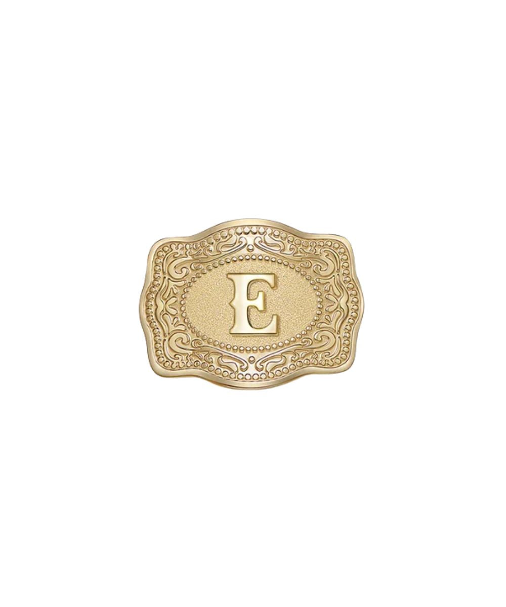 mini gold belt buckle e initial hatpin on white background