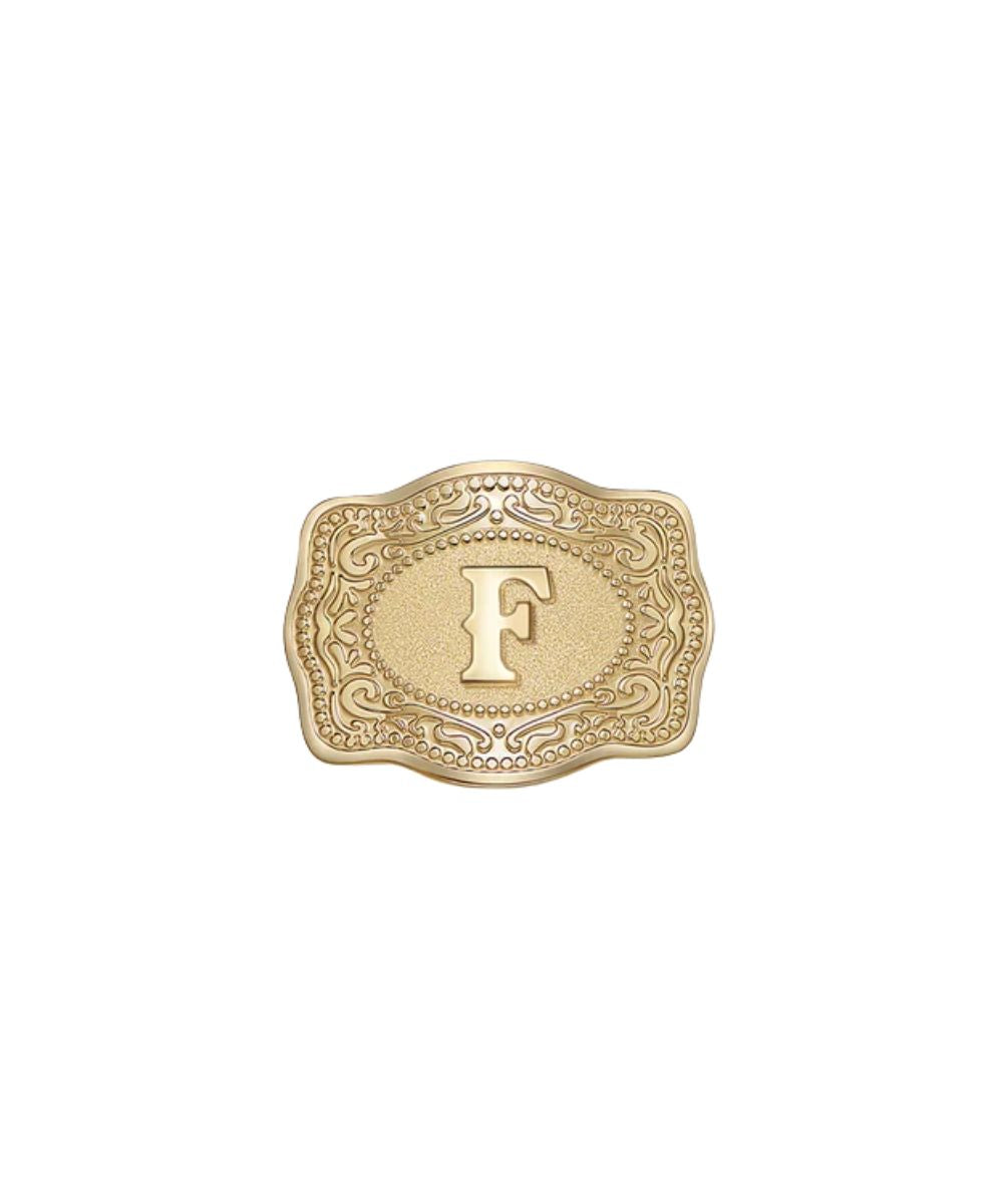 mini gold belt buckle f initial hatpin on white background