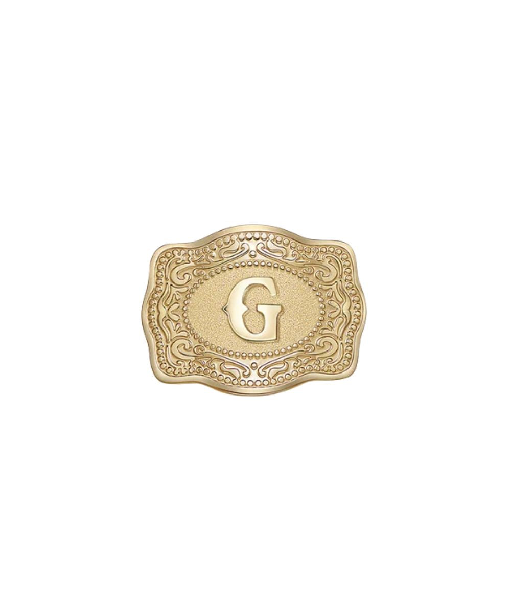 mini gold belt buckle g initial hatpin on white background