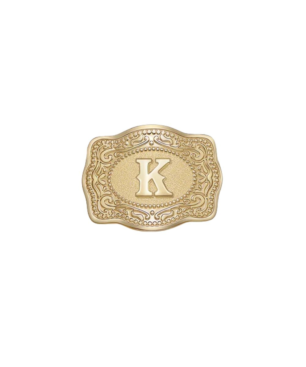 mini belt buckle k initial hatpin on white background