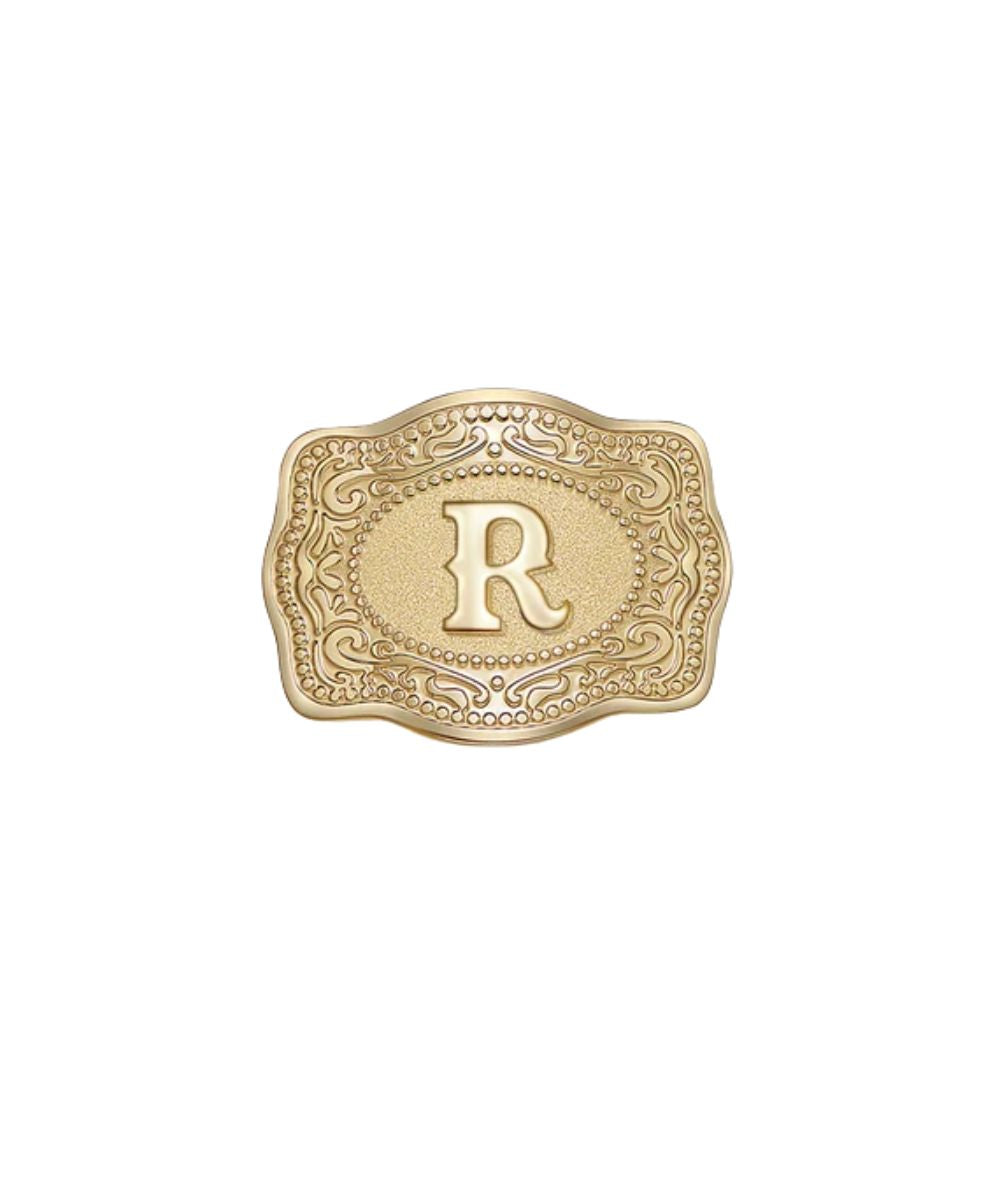 mini gold belt buckle r initial hatpin on white background