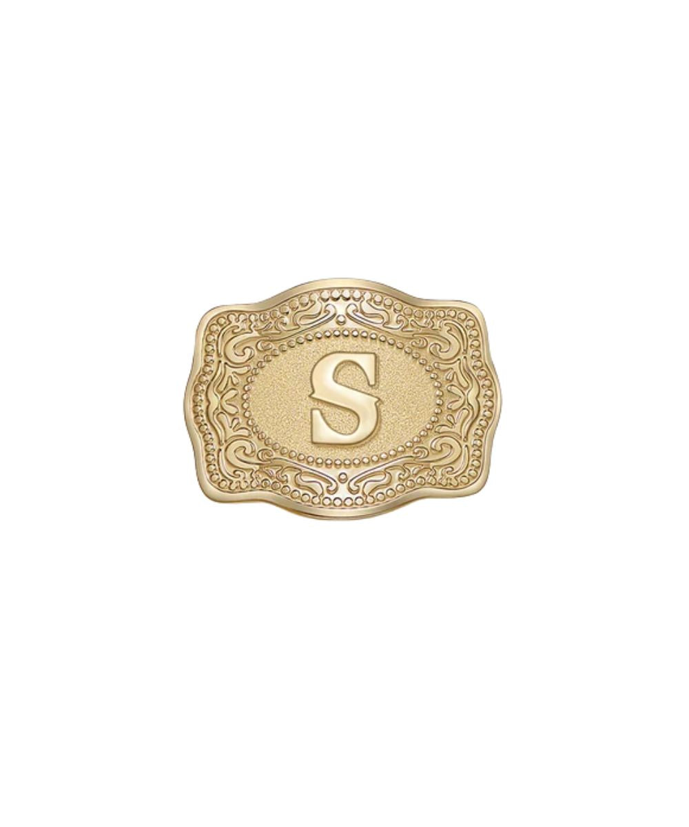mini gold belt buckle s initial hatpin on white background