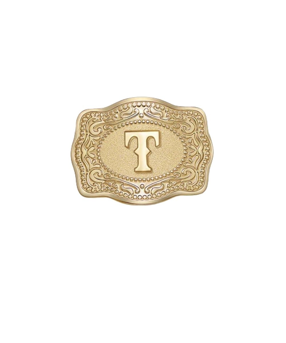 gold mini belt buckle t initial hatpin on white background
