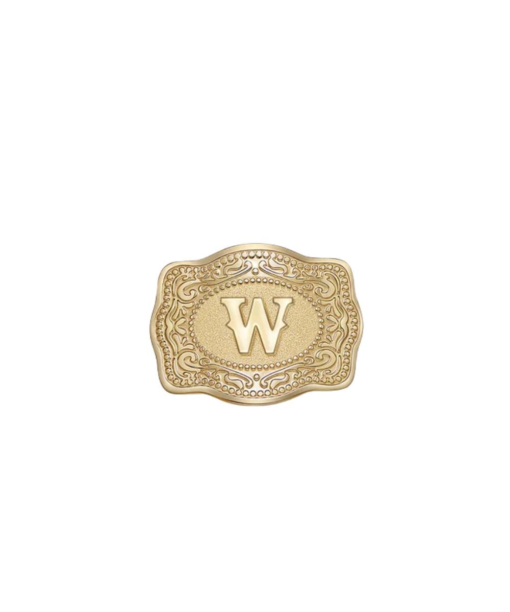 mini gold belt buckle w initial hatpin on white background