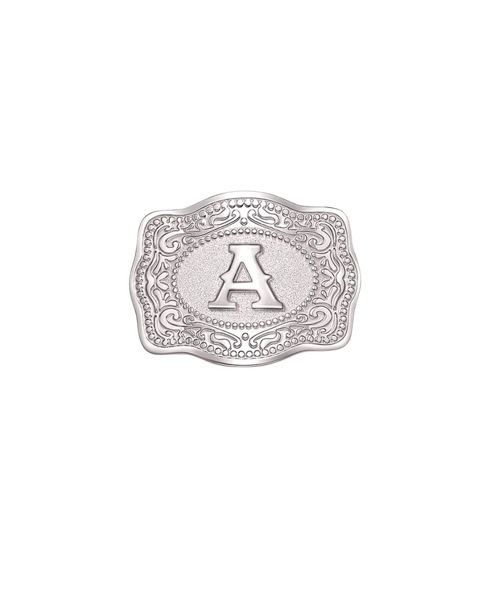 silver mini belt buckle a initial hatpin on white background