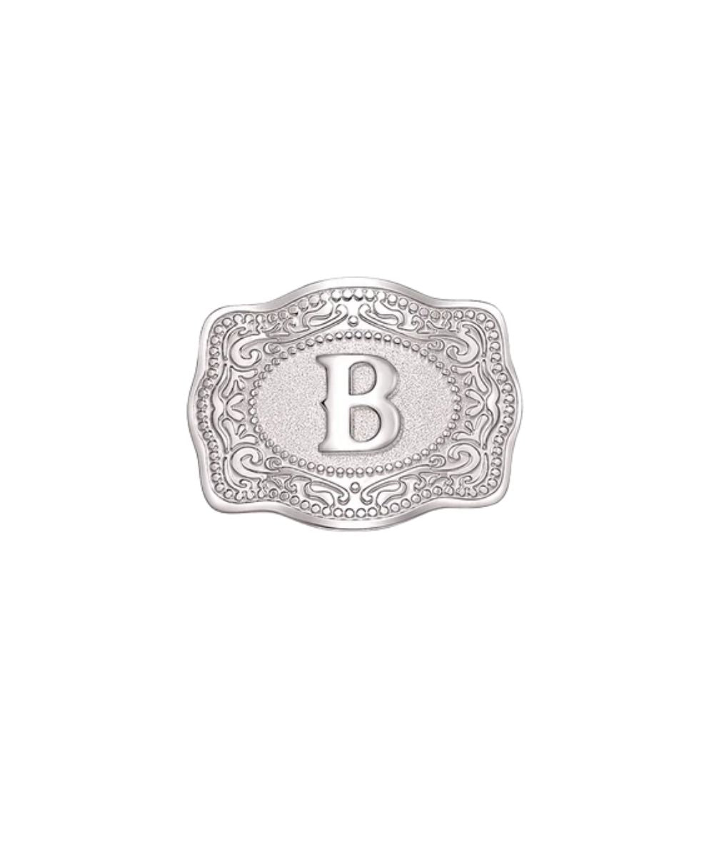 silver mini belt buckle b initial hatpin on white background