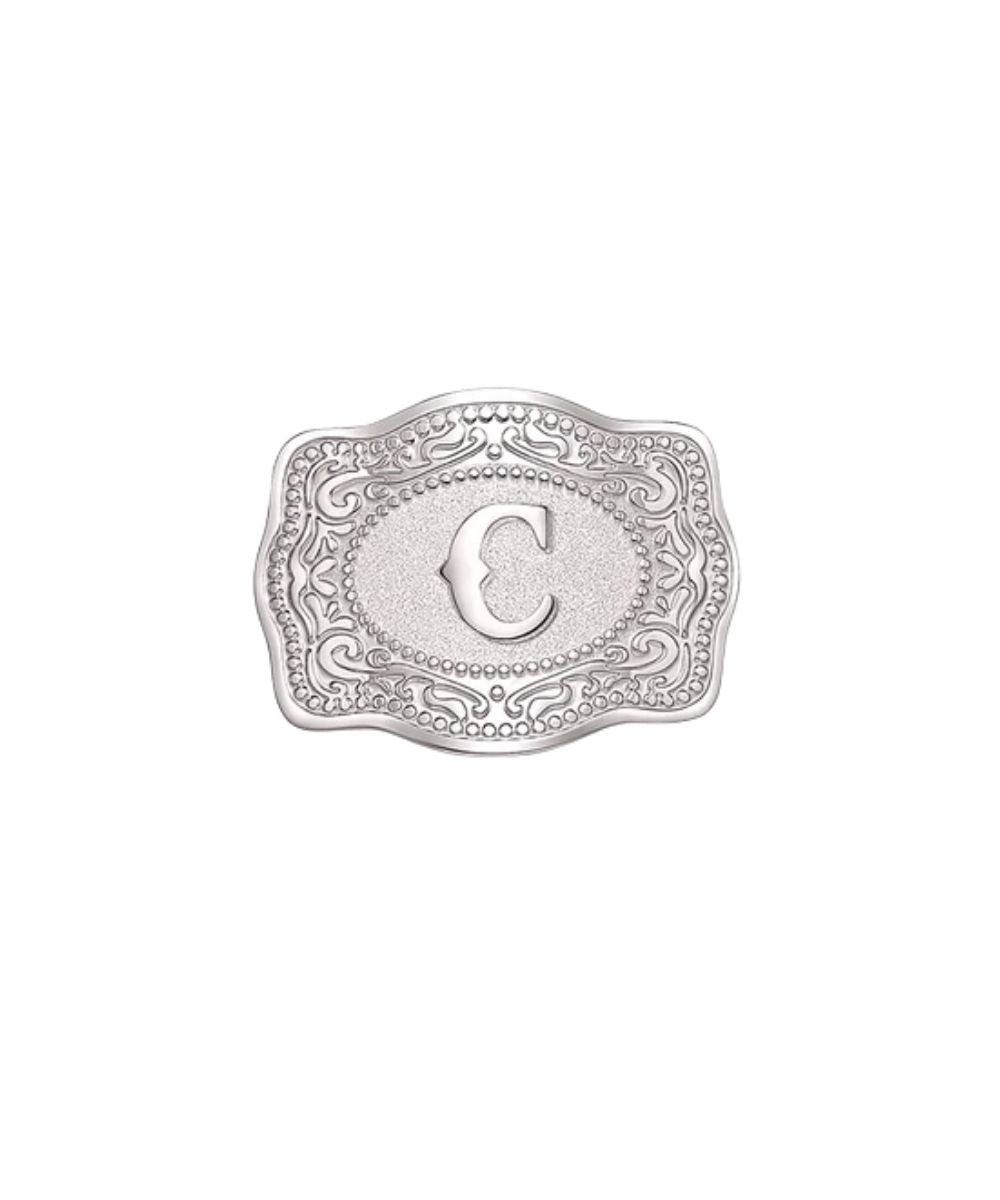 silver mini belt buckle c initial hatpin on white background