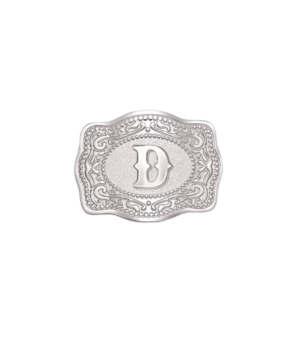 silver mini belt buckle D initial hatpin on white background