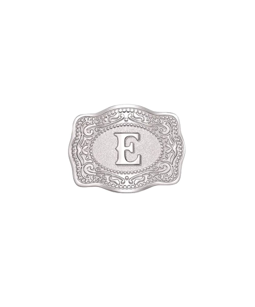 silver mini buckle E initial hatpin on white background