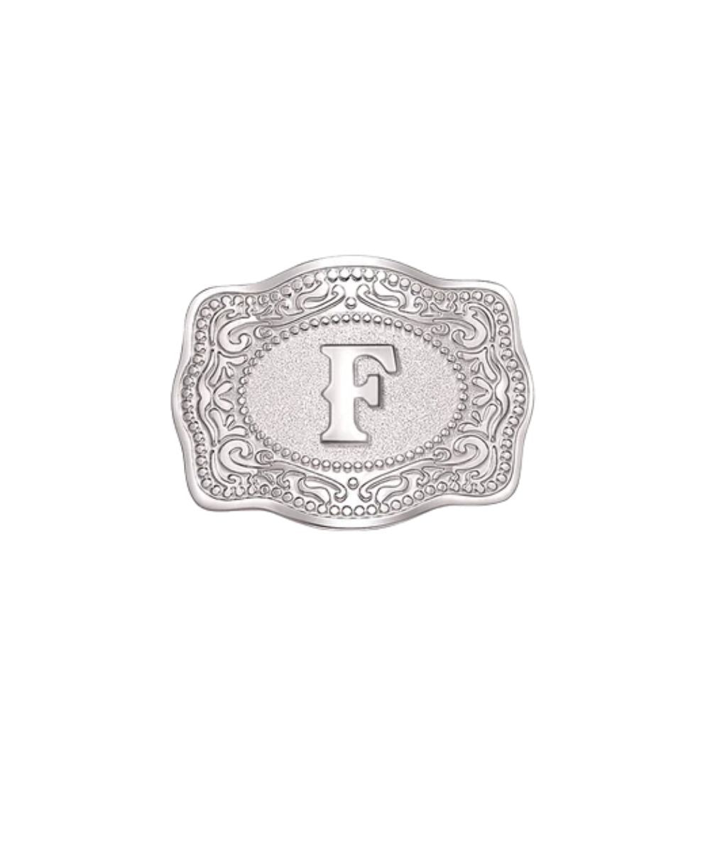 silver mini buckle F initial hatpin on white background