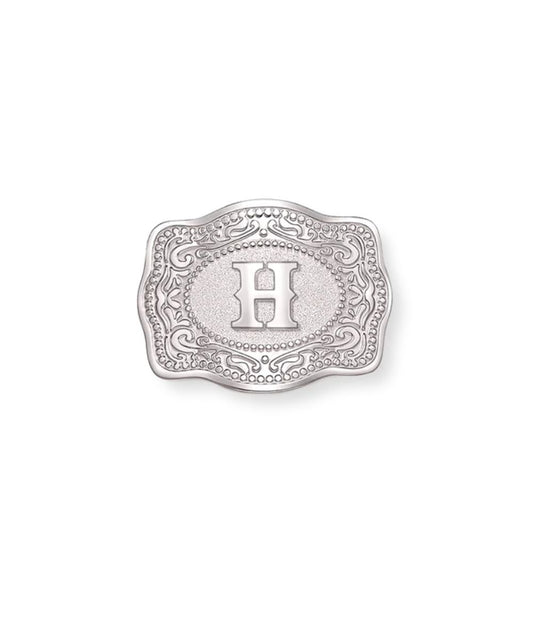 silver mini buckle h initial hatpin on white background