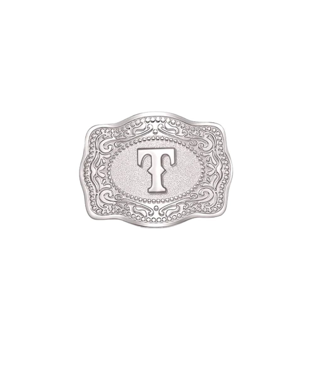 mini belt buckle hatpin T initial on white background