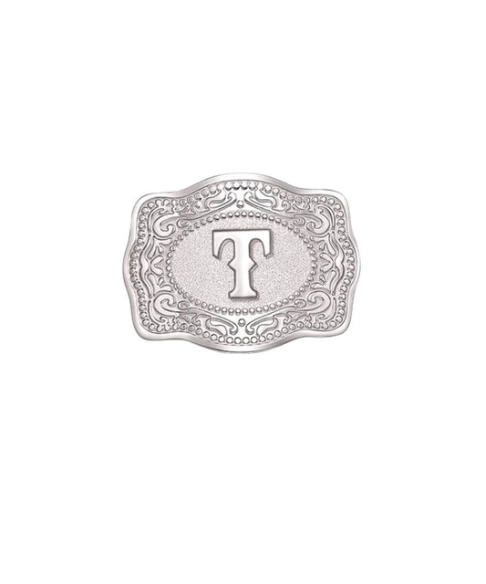 mini belt buckle hatpin T initial on white background