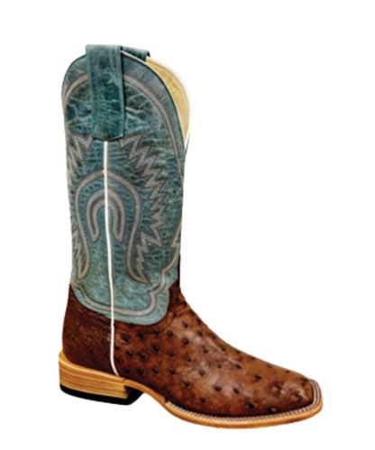 Right angled view of the women's 12" leather boot featuring a brown ostrich vamp and sky blue shaft