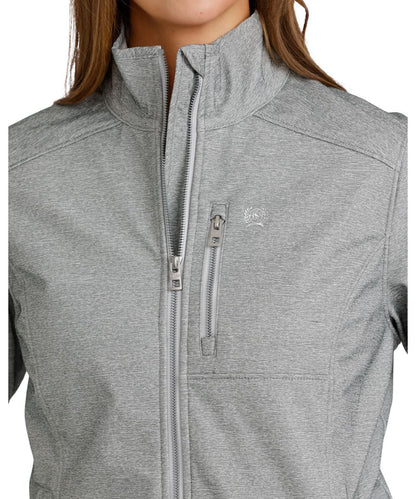 Close-up view of the zippered chest pocket featuring the metaluxe zippers and durable water-resistant finish